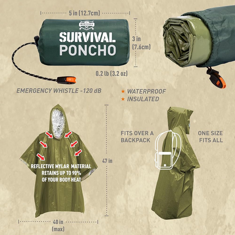Amazon.com : Monterra Emergency Survival Poncho. 2 Thermal